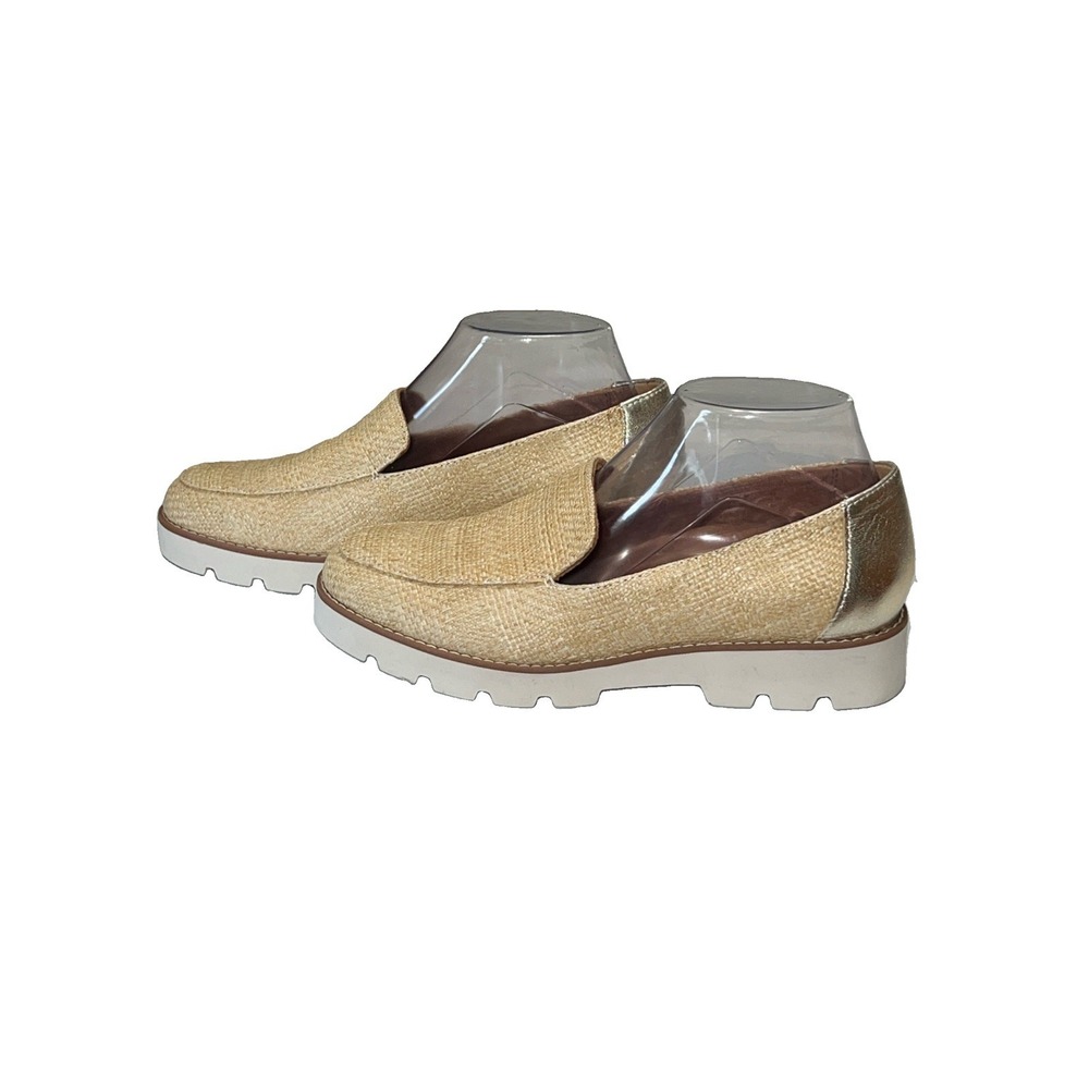 Vionic Kensley Raffia Platform Loafers Tan Gold Metallic Lug Sole Shoes Womens 7